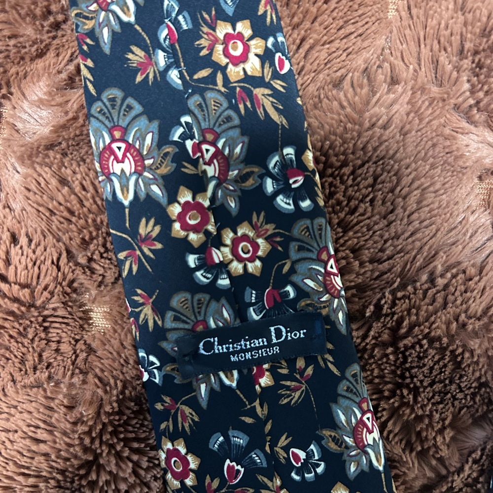 Dior Black Floral Silk Tie with Red and Gold Accents